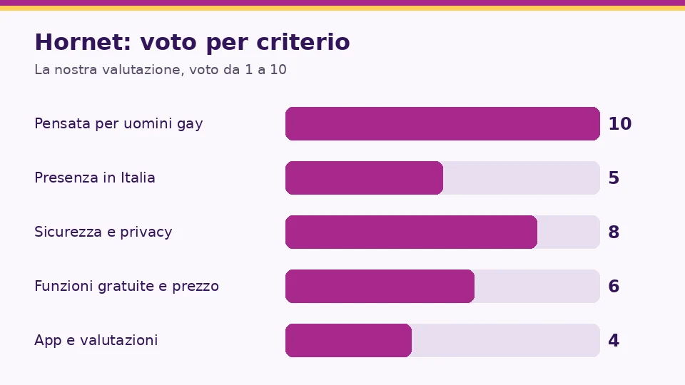 Recensione Hornet: grafico dei voti sui nostri cinque criteri: Pensata per uomini gay 10, Presenza in Italia 5, Sicurezza e privacy 8, Funzioni gratuite e prezzo 6, App e valutazioni 4