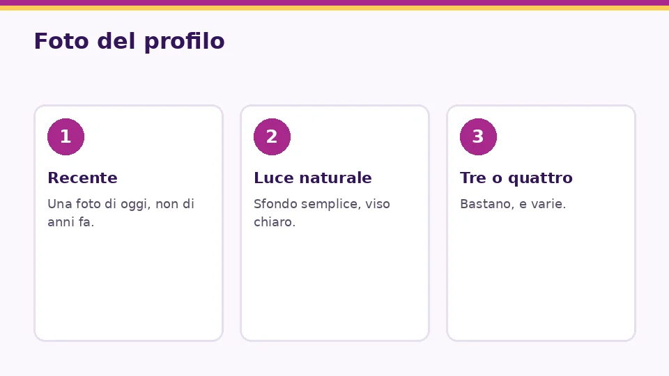 Tre schede sulle foto del profilo in un'app gay: recente, luce naturale e tre o quattro foto